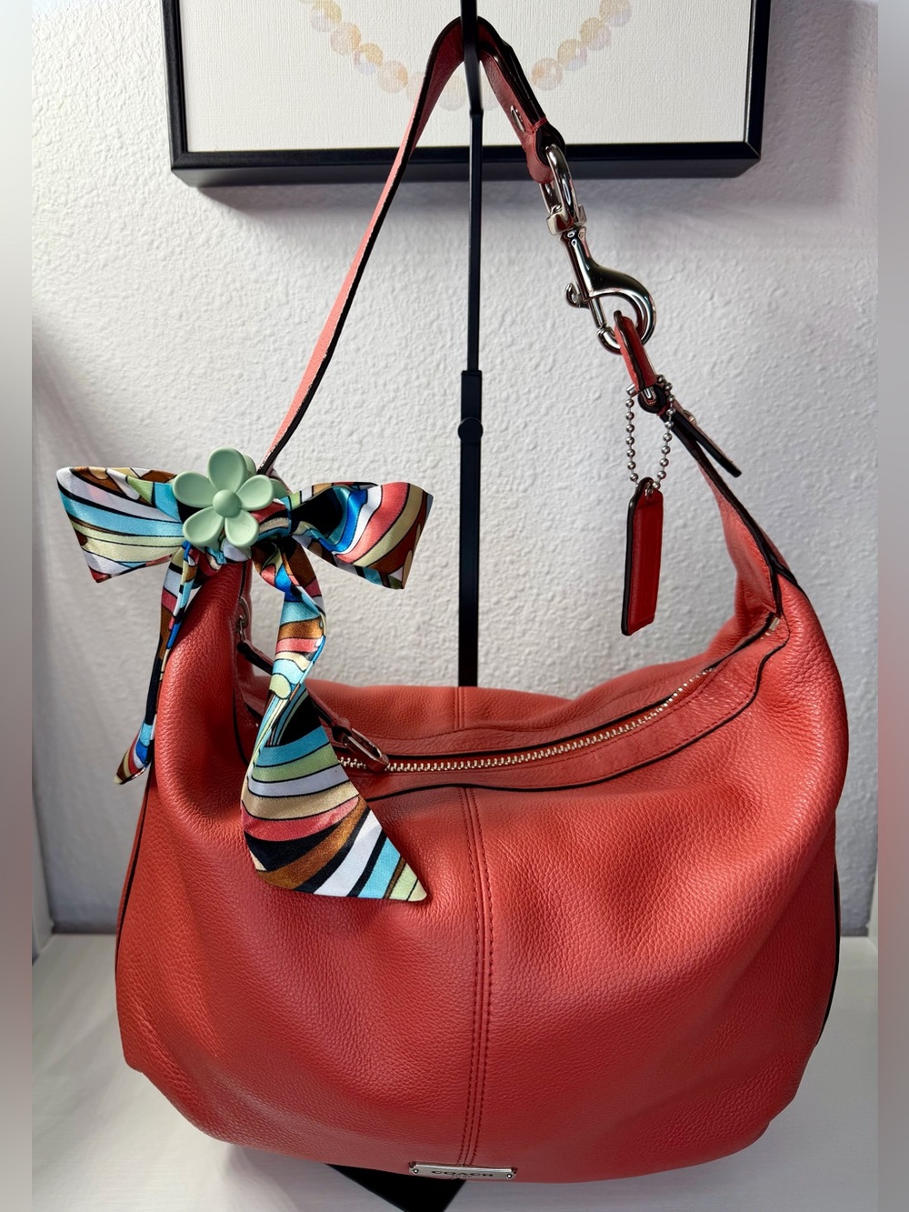 Coach Avery Pebble Leather Hobo Purse Handbag Sienna/Orange Coral